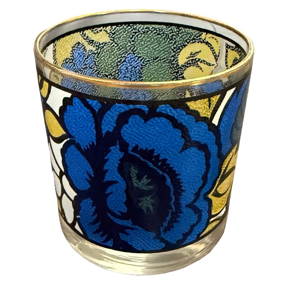 Vintage 1960s CCC Hazel Atlas Blue Yellow Floral Faux Stained Glass Set of 5